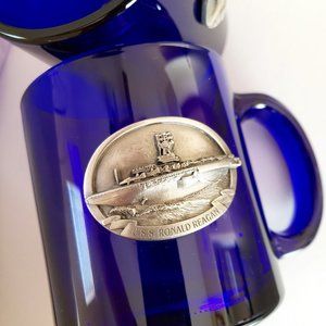 Pewter USS Ronald Reagan Aircraft Carrier Medallion Cobalt Blue Glass Coffee Mug